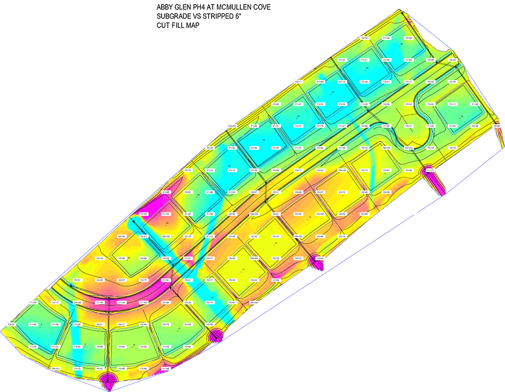 Topographic cut-fill map of Abby Glen Phase 4 at McMullen Cove, illustrating subgrade conditions and land development layout for site planning.