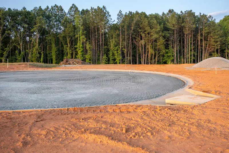 Newly poured concrete forms a circular foundation on a construction site, surrounded by orange earth and bordered by a forested area.
