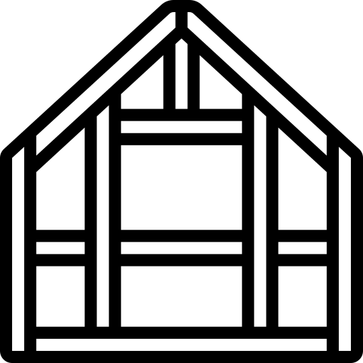 Stylized outline of a wooden house frame, highlighting structural beams and roof design. Relevant for construction or architecture discussions.