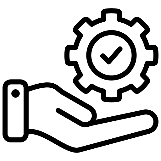 Hand holding a gear with a checkmark, symbolizing service or support in technology and engineering contexts. Represents reliability and efficiency.