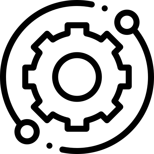 Gear icon surrounded by circular orbits, symbolizing technology and innovation. Represents the integration of engineering in modern solutions.